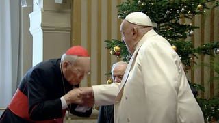 El cardenal Re besa la mano del Papa tras su saludo