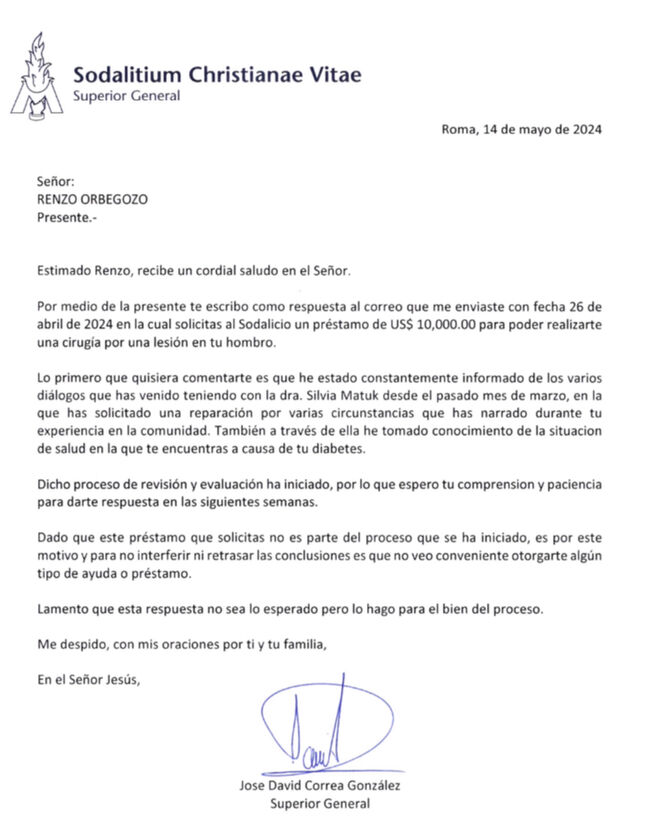 Carta del Sodalicio a Orbegozo