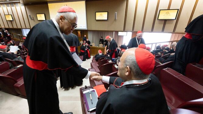 Dos cardenales se saludan en la congregación general de ayer