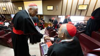 Dos cardenales se saludan en la congregación general de ayer