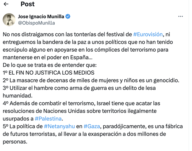 Munilla, contra la invasión de Gaza