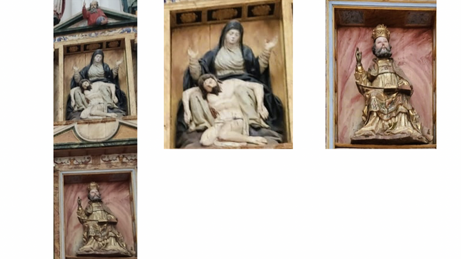 Figs. 4, 5 y 6 Estructura del retablo (i) y detalles de la Piedad y San Pedro como Papa