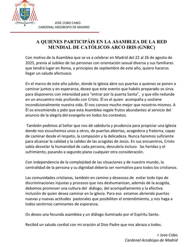 Carta a la Asamblea de la Red Mundial de Católicos ArcoIris