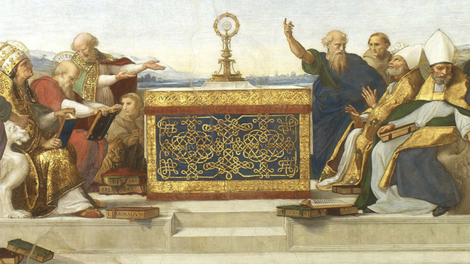 'La Adoración de la Custodia', de Rafael, donde se ve el debate entre Padres de la Iglesia