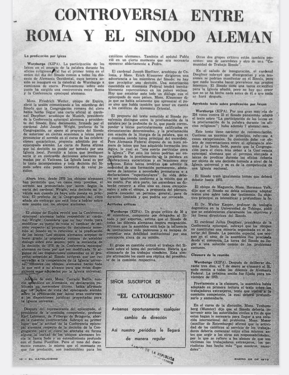articulo de El Catolicismo 25 enero 1973