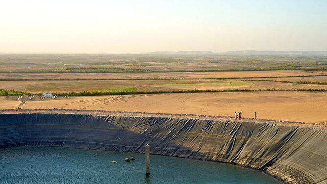 Un embalse abierto en la cima del oasis de Wahat, donde SEKEM lleva a cabo su proyecto de agricultura en el desierto